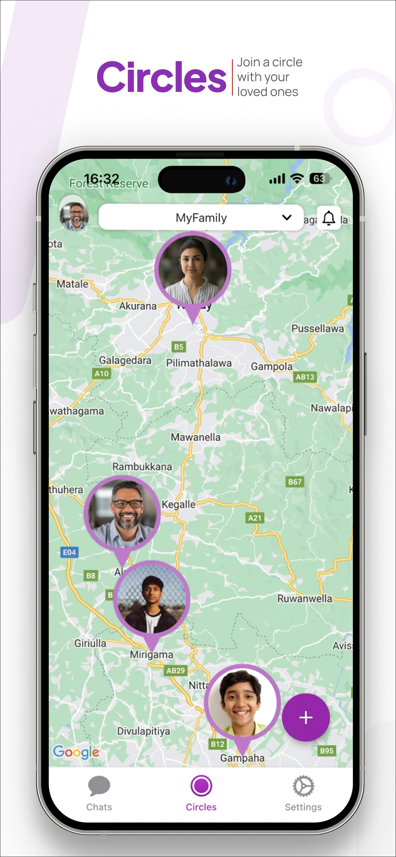 WheresNow circles — multiple family members on map