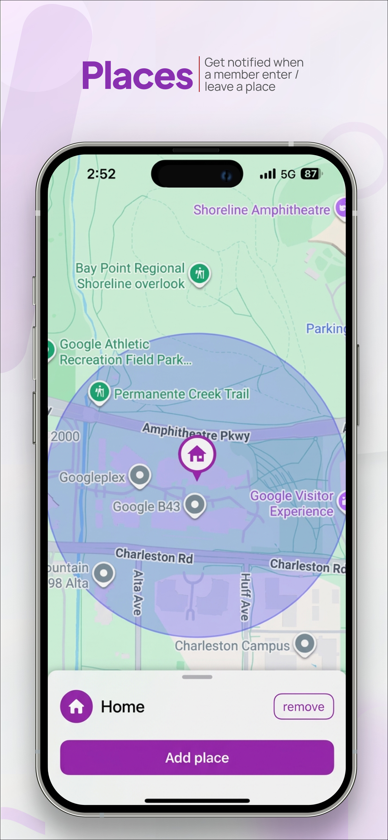 WheresNow Places — geofence zone on map with add place button